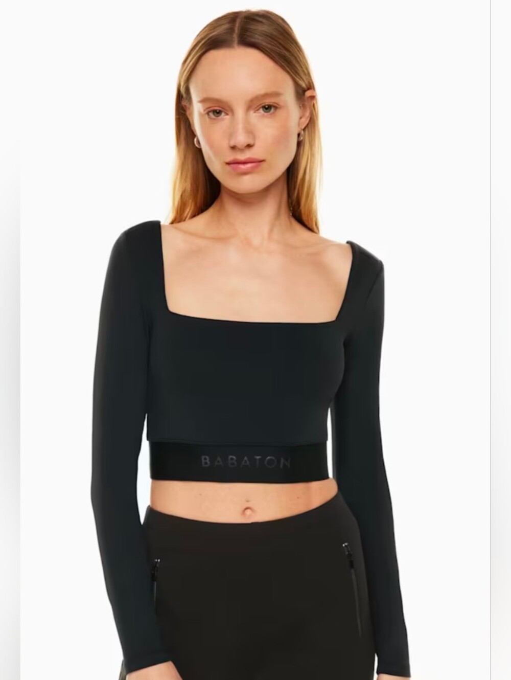BABATON | Women's Black Sylvia Contour Long Sleeved Fitted Athletic Cropped Top